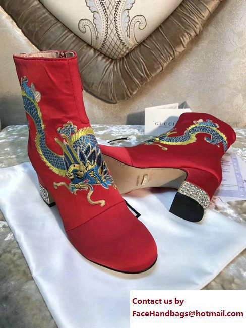 Gucci Dragon Bow Satin Mid-Heel Ankle Boots 476249 Red 2017