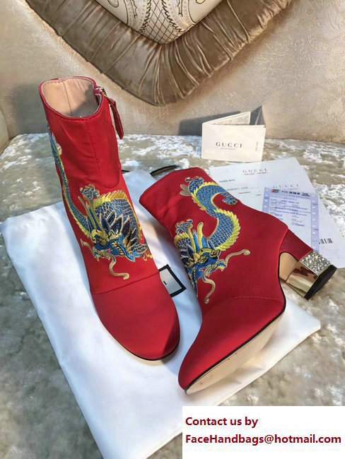 Gucci Dragon Bow Satin Mid-Heel Ankle Boots 476249 Red 2017 - Click Image to Close