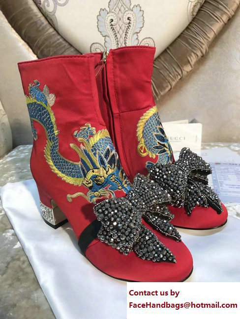 Gucci Dragon Bow Satin Mid-Heel Ankle Boots 476249 Red 2017