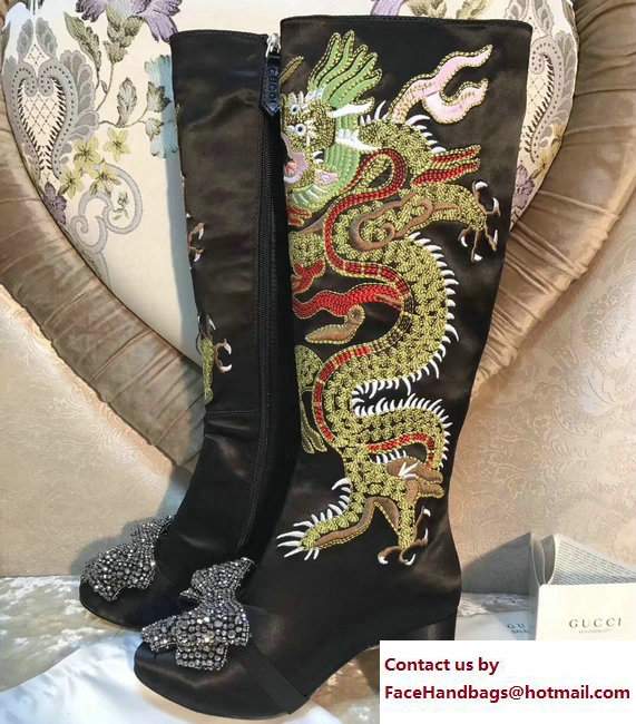 Gucci Dragon Bow Satin Mid-Heel Knee Boots 476335 Black 2017 - Click Image to Close