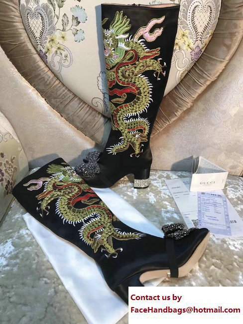 Gucci Dragon Bow Satin Mid-Heel Knee Boots 476335 Black 2017