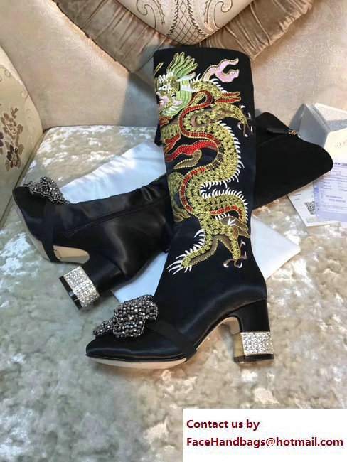 Gucci Dragon Bow Satin Mid-Heel Knee Boots 476335 Black 2017 - Click Image to Close