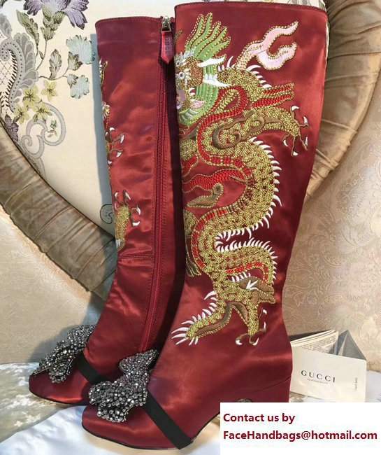 Gucci Dragon Bow Satin Mid-Heel Knee Boots 476335 Dark Red 2017 - Click Image to Close