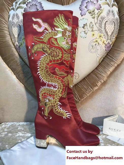 Gucci Dragon Bow Satin Mid-Heel Knee Boots 476335 Dark Red 2017