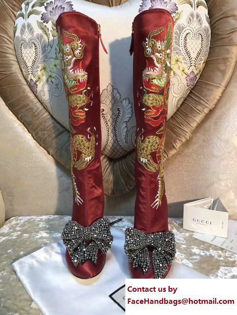 Gucci Dragon Bow Satin Mid-Heel Knee Boots 476335 Dark Red 2017 - Click Image to Close