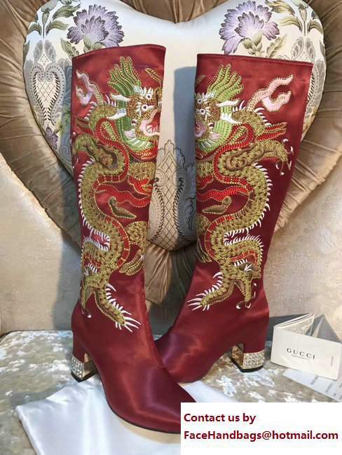 Gucci Dragon Bow Satin Mid-Heel Knee Boots 476335 Dark Red 2017