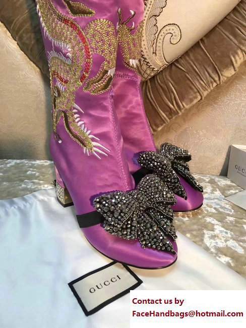 Gucci Dragon Bow Satin Mid-Heel Knee Boots 476335 Fuchsia 2017