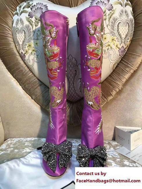 Gucci Dragon Bow Satin Mid-Heel Knee Boots 476335 Fuchsia 2017