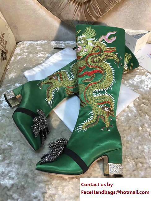 Gucci Dragon Bow Satin Mid-Heel Knee Boots 476335 Green 2017 - Click Image to Close