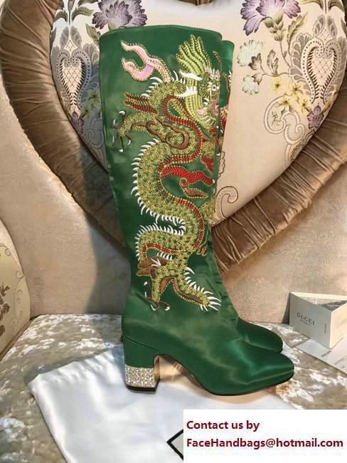 Gucci Dragon Bow Satin Mid-Heel Knee Boots 476335 Green 2017 - Click Image to Close