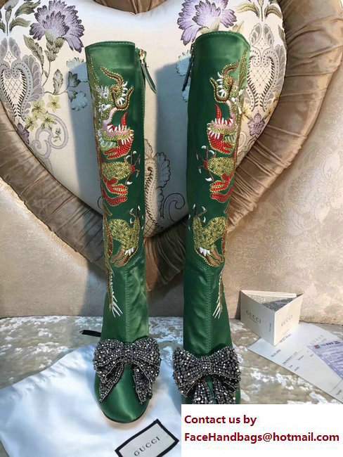 Gucci Dragon Bow Satin Mid-Heel Knee Boots 476335 Green 2017