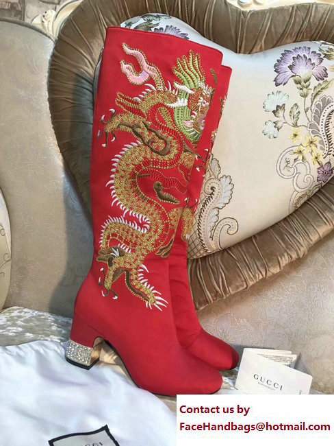 Gucci Dragon Bow Satin Mid-Heel Knee Boots 476335 Red 2017