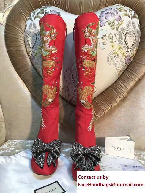 Gucci Dragon Bow Satin Mid-Heel Knee Boots 476335 Red 2017