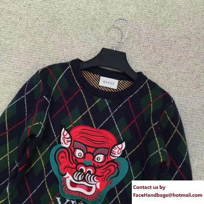 Gucci Embroidered Monster And XXV Argyle Wool Sweater 474333 2017 - Click Image to Close