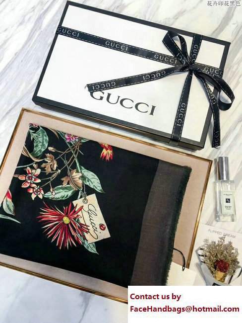 Gucci Flower Print Silk Scarf 371444 Black 2017 - Click Image to Close