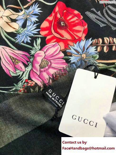Gucci Flower Print Silk Scarf 371444 Black 2017 - Click Image to Close