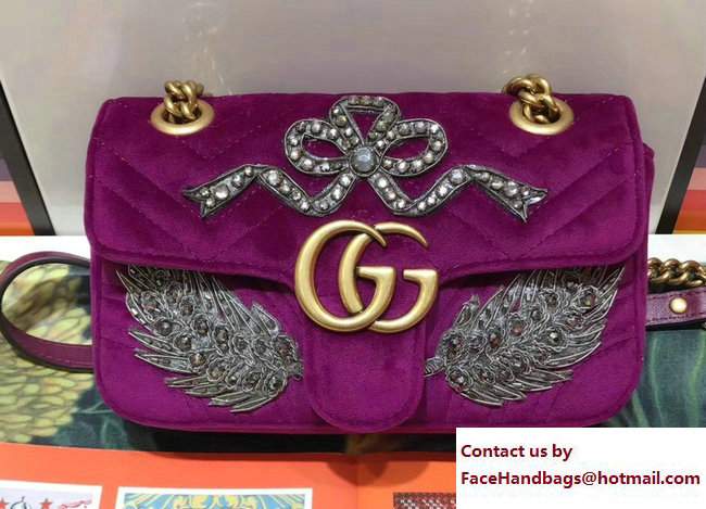Gucci GG Marmont Chevron Embroidered Crystal Bow and Feather Velvet Mini Bag 446744 Bordeaux 2017