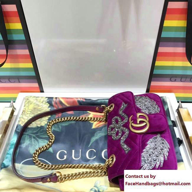 Gucci GG Marmont Chevron Embroidered Crystal Bow and Feather Velvet Mini Bag 446744 Bordeaux 2017