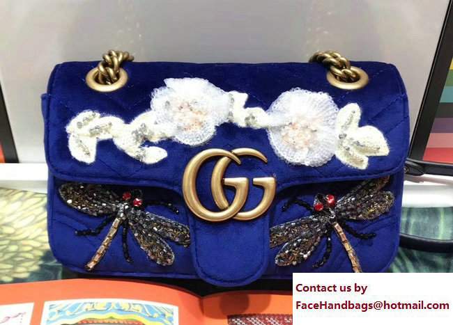 Gucci GG Marmont Chevron Embroidered Crystal Dragonfly and Flower Velvet Mini Bag 446744 Blue 2017 - Click Image to Close