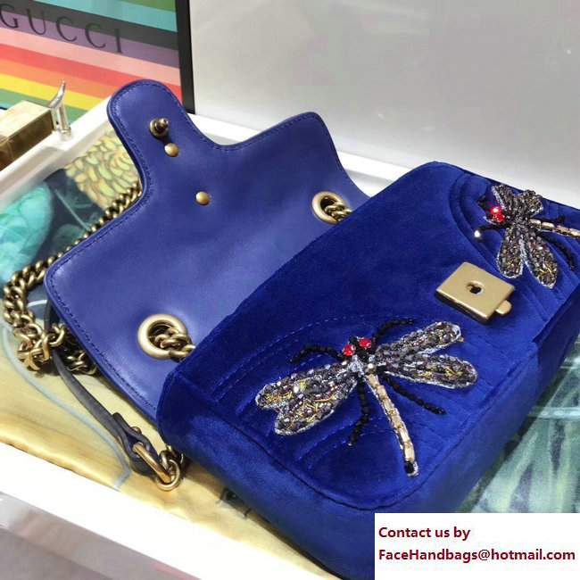 Gucci GG Marmont Chevron Embroidered Crystal Dragonfly and Flower Velvet Mini Bag 446744 Blue 2017