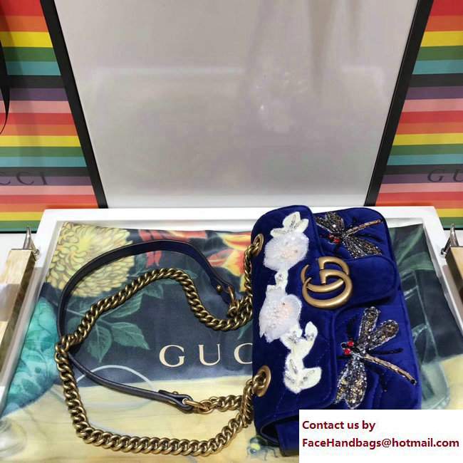 Gucci GG Marmont Chevron Embroidered Crystal Dragonfly and Flower Velvet Mini Bag 446744 Blue 2017 - Click Image to Close