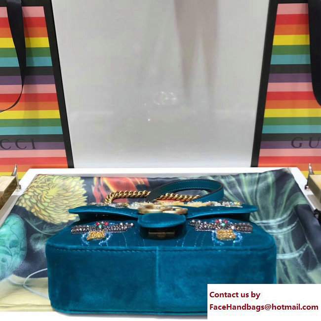 Gucci GG Marmont Chevron Embroidered Crystal Dragonfly and Flower Velvet Mini Bag 446744 Turquoise 2017 - Click Image to Close
