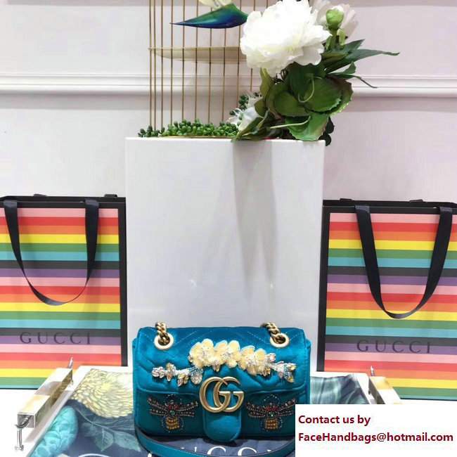 Gucci GG Marmont Chevron Embroidered Crystal Dragonfly and Flower Velvet Mini Bag 446744 Turquoise 2017