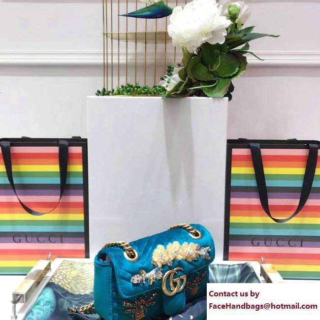 Gucci GG Marmont Chevron Embroidered Crystal Dragonfly and Flower Velvet Mini Bag 446744 Turquoise 2017