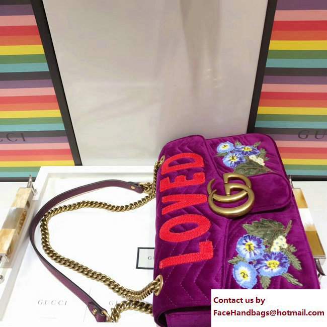 Gucci GG Marmont Embroidered Loved And Floral Velvet Chevron Medium Shoulder Bag 443496 Bordeaux 2017 - Click Image to Close