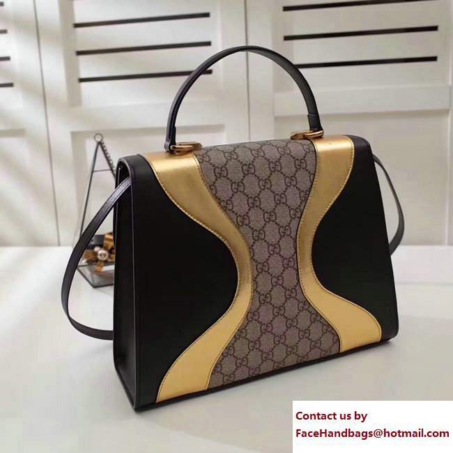 Gucci GG Supreme And Leather Top Handle Medium Bag 476435 Black/Gold 2017 - Click Image to Close