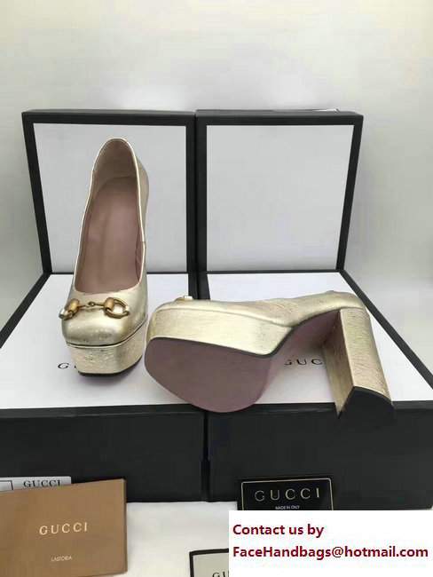 Gucci Heel 14cm Platform 4cm Leather Horsebit Pumps Gold 2017
