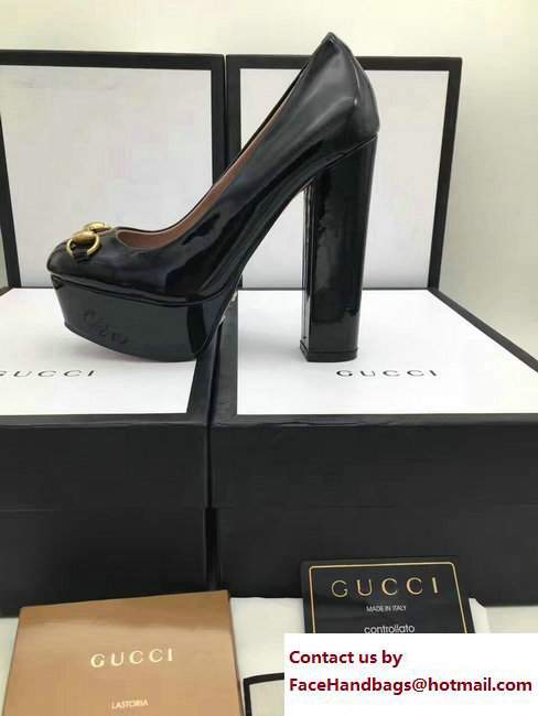 Gucci Heel 14cm Platform 4cm Leather Horsebit Pumps Patent Black 2017