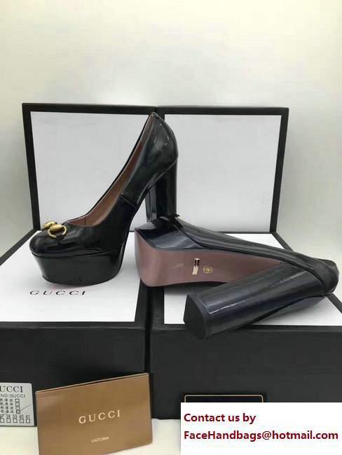 Gucci Heel 14cm Platform 4cm Leather Horsebit Pumps Patent Black 2017