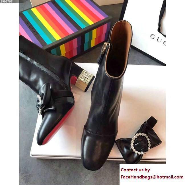 Gucci Heel 7.5cm Leather Ankle Boots With Removable Bow 481171 Black 2017 - Click Image to Close