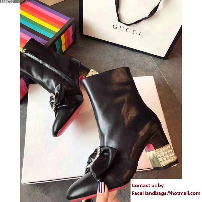 Gucci Heel 7.5cm Leather Ankle Boots With Removable Bow 481171 Black 2017