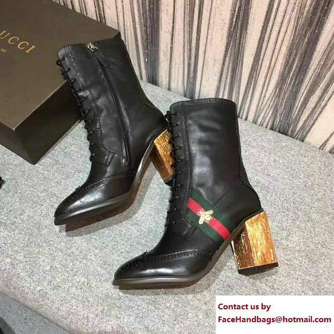Gucci Heel 8cm Web Bee Leather Ankle Boots Black 2017