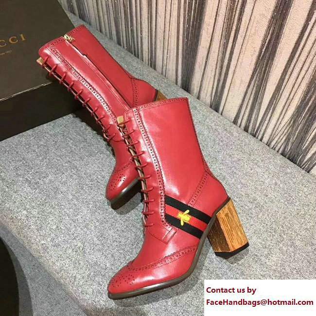 Gucci Heel 8cm Web Bee Leather Ankle Boots Red 2017 - Click Image to Close