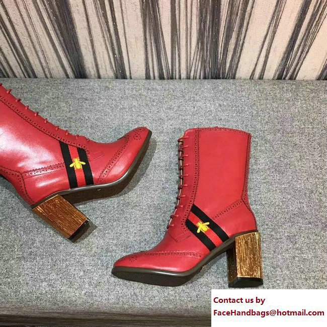 Gucci Heel 8cm Web Bee Leather Ankle Boots Red 2017 - Click Image to Close