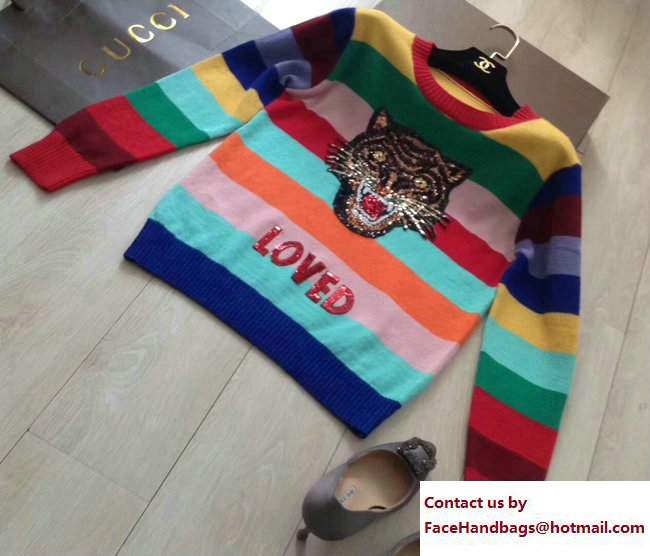 Gucci Lurex Trims Multicolor Striped Wool Sweater With Embroidery 482370 2017 - Click Image to Close