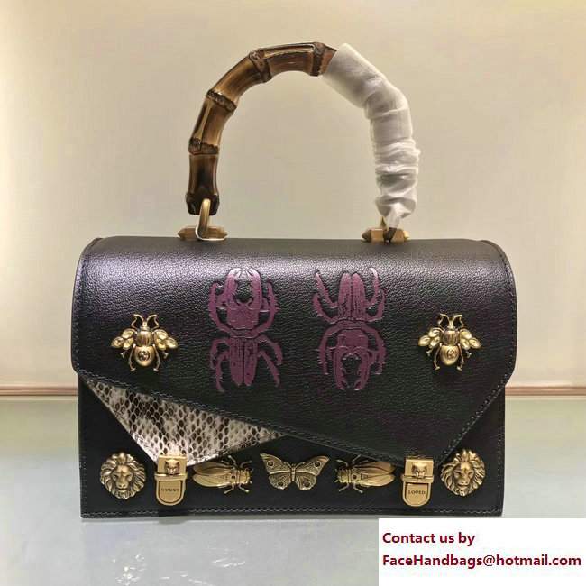 Gucci Metal Bee Insect Print Ottilia Leather Small Top Handle Bag 488715 Black 2017