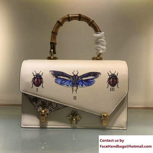 Gucci Metal Bee Insect Print Ottilia Leather Small Top Handle Bag 488715 White 2017 - Click Image to Close