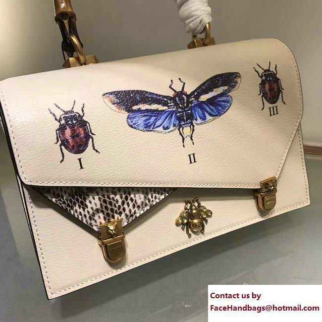 Gucci Metal Bee Insect Print Ottilia Leather Small Top Handle Bag 488715 White 2017