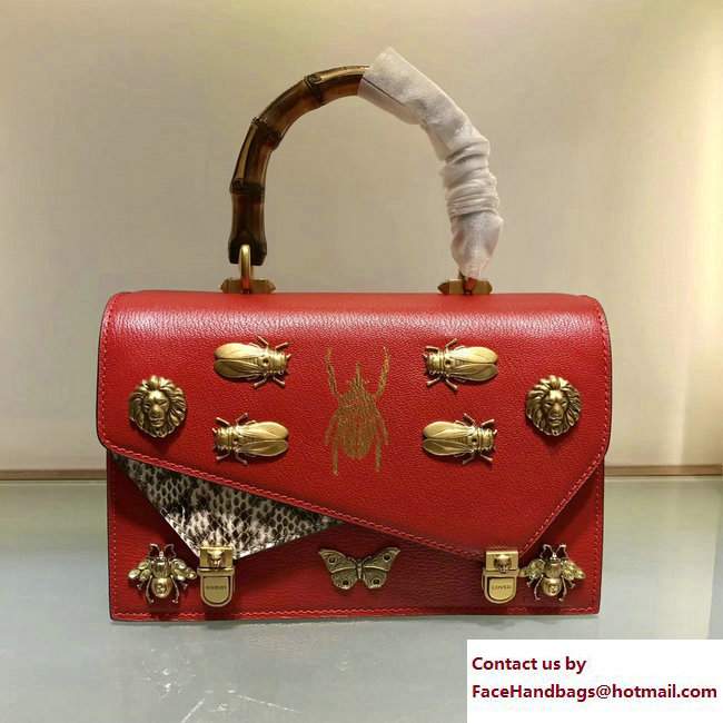 Gucci Metal Bee Insect Print Ottilia Leather Small Top Handle Bag 488715 red 2017 - Click Image to Close