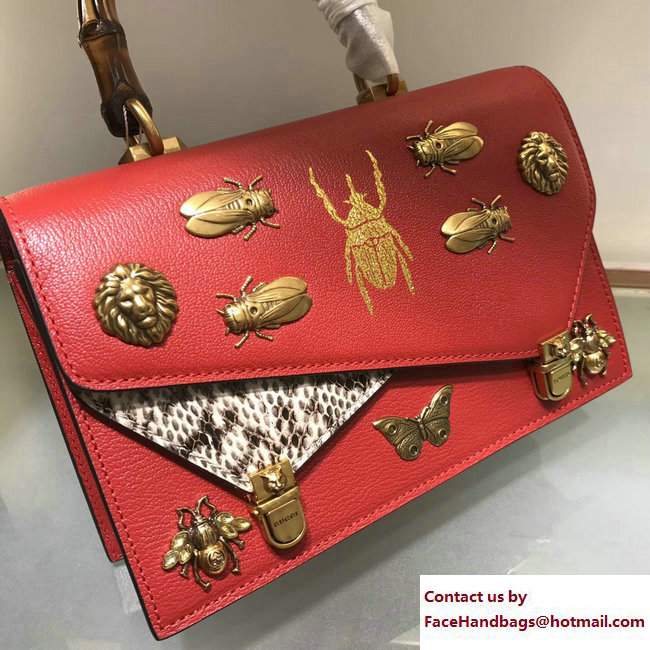 Gucci Metal Bee Insect Print Ottilia Leather Small Top Handle Bag 488715 red 2017