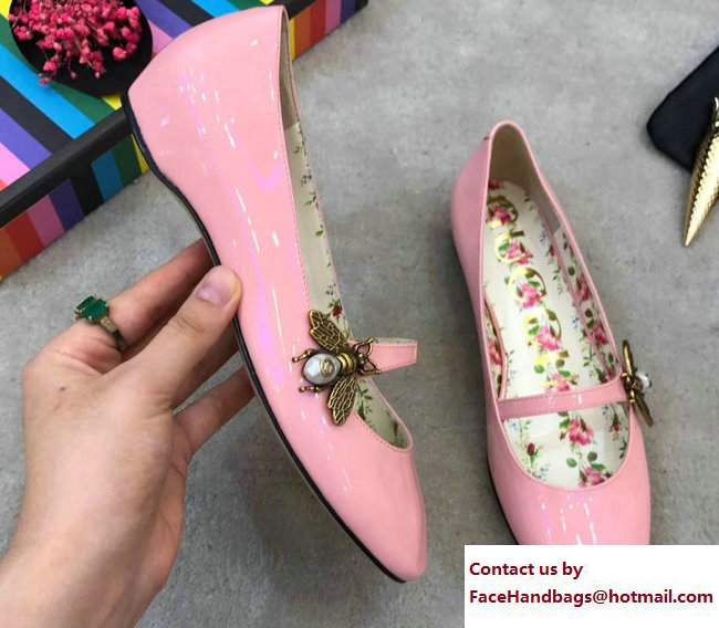 Gucci Patent Leather Ballet Flats With Bee 475832 Pink 2017