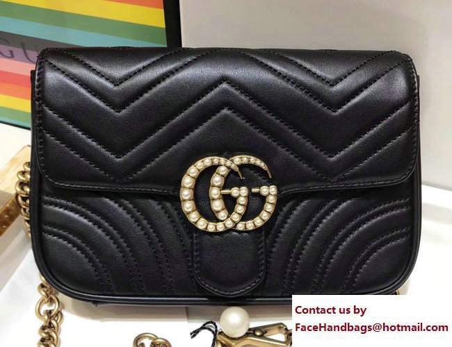 Gucci Pearls GG Marmont Matelasse Chevron Mini Chain Shoulder Belt Bag 446744/476809 Black 2017 - Click Image to Close