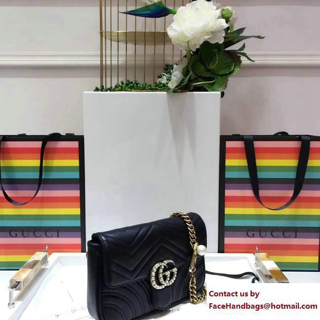 Gucci Pearls GG Marmont Matelasse Chevron Mini Chain Shoulder Belt Bag 446744/476809 Black 2017