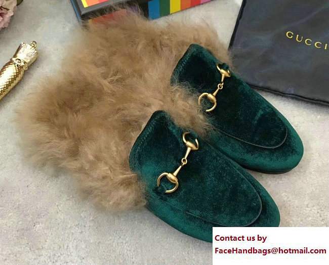 Gucci Princetown Velvet Fur Slipper 448657 Green 2017 - Click Image to Close