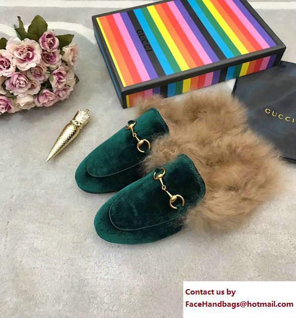 Gucci Princetown Velvet Fur Slipper 448657 Green 2017 - Click Image to Close
