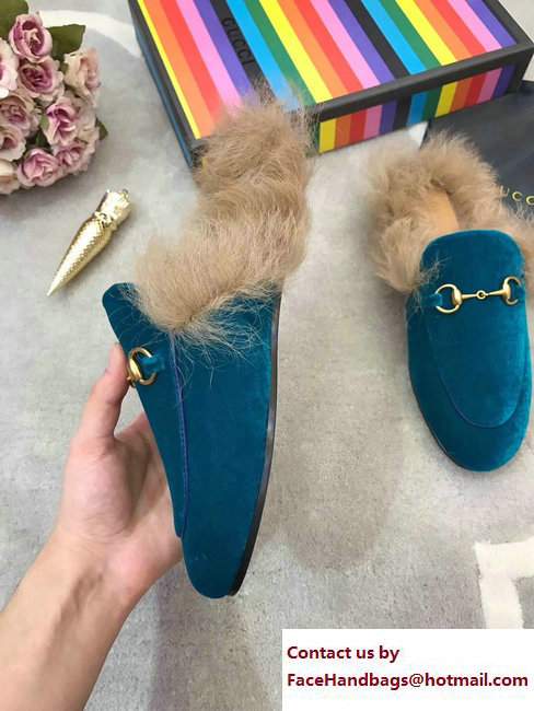 Gucci Princetown Velvet Fur Slipper 448657 Turquoise 2017